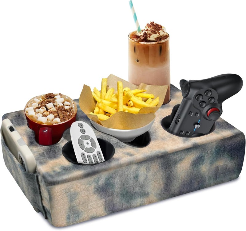 NISDOING Couch Cup Holder Pillow, 5 Hole Couch Drink Holder! Keep Drinks Hand Side and Keep Temp, Prevent Spills and Use Anywhere. Cup Holder for Couch, Bed, Camping, RV, Car, Beach. Beige Gray - Image 1